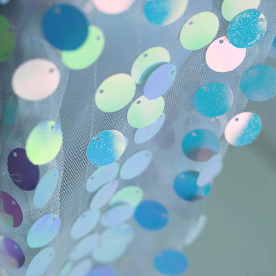 Iridescent blue and silver sequins on sheer fabric