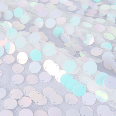 Iridescent sequin fabric with circular embellishments on a sheer backdrop.