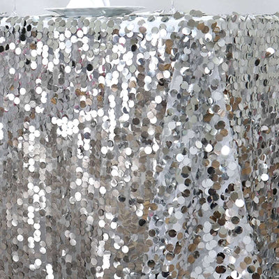 Silver sequin tablecloth with shimmering circular sequins.