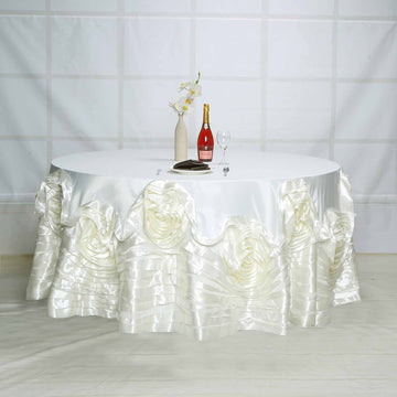Elegant Ivory Seamless Large Rosette Round Lamour Satin Tablecloth 120