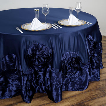 Create an Extraordinary Event with the Navy Blue Seamless Large Rosette Round Lamour Satin Tablecloth 120