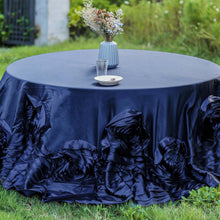 Navy Blue Large Rosette Round Lamour Satin Tablecloth 120 Inch 