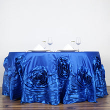 120 Inch Round Lamour Satin Royal Blue Large Rosette Tablecloth