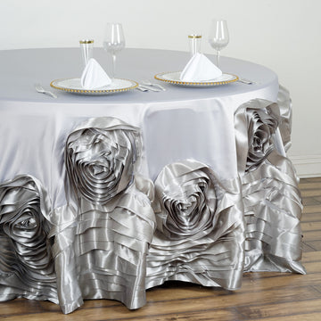 Transform Your Event with Silver Seamless Large Rosette Round Lamour Satin Tablecloth 120