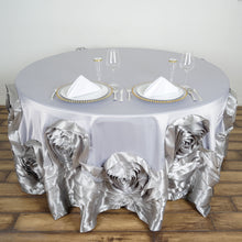 Silver 120 Inch Large Rosette Lamour Satin Round Tablecloth