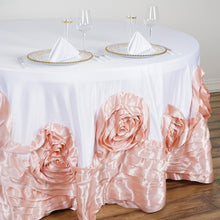 White & Blush Large Rosette Round Lamour Satin Tablecloth 120 Inch
