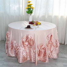 Blush & Rose Gold Large Rosette Lamour Satin Round Tablecloth 132 Inch 
