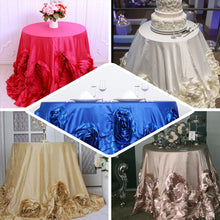 132 Inch Round White & Pink Large Rosette Lamour Satin Tablecloth 