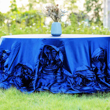 Round Royal Blue Large Rosette Lamour Satin Tablecloth 132 Inch