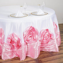 Round White & Pink Large Rosette Lamour Satin Tablecloth 132 Inch