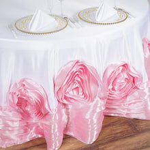 White & Pink Large Rosette Lamour Satin Round Tablecloth 132 Inch 