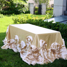 Rectangular Lamour Satin Champagne Large Rosette Tablecloth 90 Inch x 132 Inch