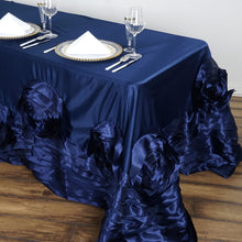 Rectangular Navy Blue Large Rosette Lamour Satin Tablecloth 90 Inch x 132 Inch 