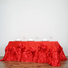Oblong Rectangular Red Large Rosette Lamour Satin Tablecloth 90 Inch x 132 Inch 