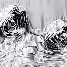 90"x156" Silver Large Rosette Rectangular Lamour Satin Tablecloth#whtbkgd