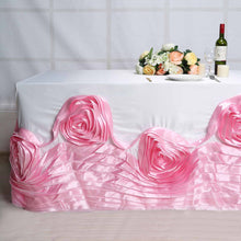 90 Inch x 156 Inch Rectangular White & Pink Large Rosette Lamour Satin Tablecloth 