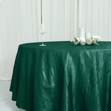 Enhance Your Event Décor with the Hunter Emerald Green Seamless Accordion Crinkle Taffeta Round Tablecloth 120