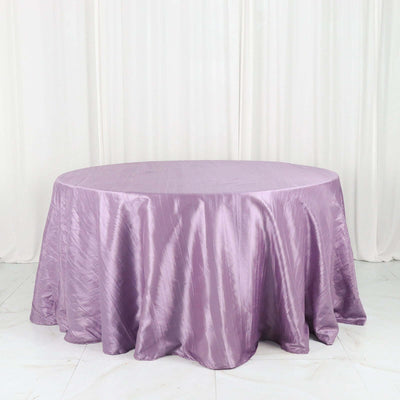 Round lavender tablecloth with elegant draping texture.