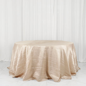 Beige Accordion Crinkle Taffeta Seamless Round Tablecloth 132'' - Add Elegance and Style to Your Event Decor
