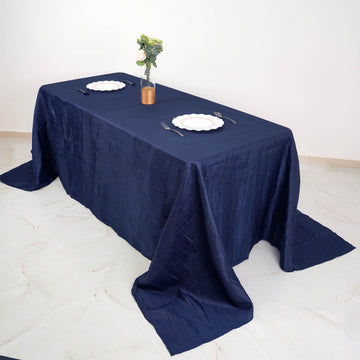 Elevate Your Event with the Navy Blue Accordion Crinkle Taffeta Tablecloth