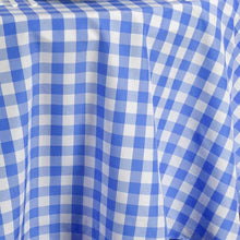 Checkered Gingham Polyester Tablecloth 108 Inch Round In White & Blue Buffalo Plaid