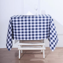 Checkered Gingham Polyester 54 Inch Table Overlay In White & Navy Blue
