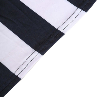 Black and white striped fabric showing stitching details.