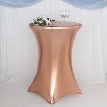 Add a Touch of Elegance with the Premium Metallic Blush Spandex Highboy Cocktail Table Cover