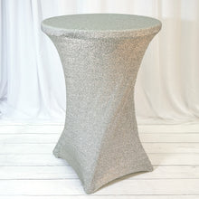 Silver Cocktail Table Cover In Metallic Shimmer Tinsel Spandex