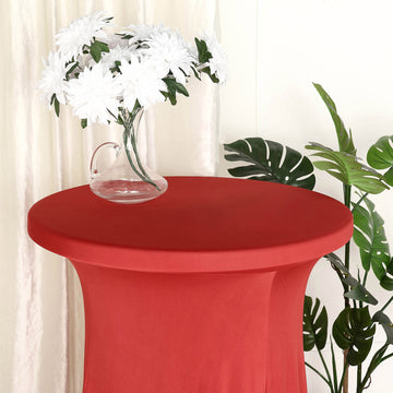 Red Round Spandex Cocktail Table Cover with Natural Wavy Drapes