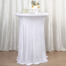 Round White Cocktail Table Cover With Wavy Drapes In Heavy Duty Spandex