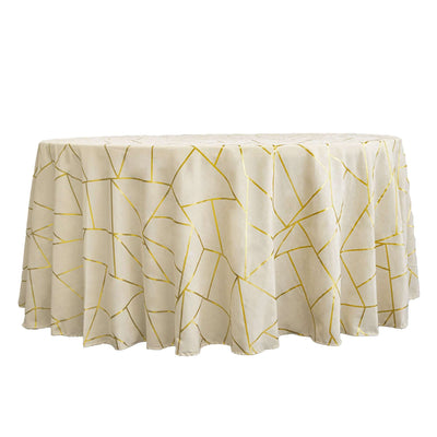 Beige tablecloth with geometric yellow pattern, draped elegantly.