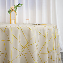 120 Inch Beige Tablecloth Round Polyester With Gold Geometric Pattern