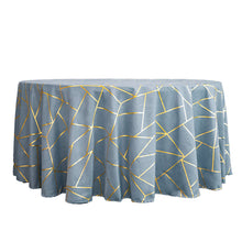 Dusty Blue Polyester Tablecloth 120 Inch Round With Gold Geometric Design