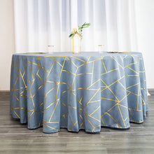 Dusty Blue Round Tablecloth In Polyester With Gold Foil Geometric Pattern 120 Inch