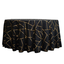 120 Inch Polyester Round Tablecloth In Black With Gold Geometric Print
