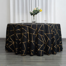 120 Inch Round Tablecloth In Black Polyester With Gold Geometric Design