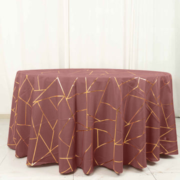 Cinnamon Rose Seamless Round Polyester Tablecloth With Gold Foil Geometric Pattern 120"