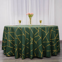 120 Inch Round Tablecloth In Polyester With Gold Geometric Design Hunter Emerald Green