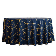 120 Inch Round Tablecloth In Navy Blue Polyester With Gold Foil Pattern