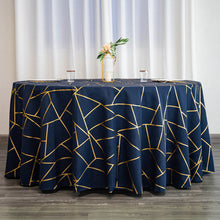 Round Navy Blue Tablecloth 120 Inch With Gold Foil Geometric Design In Polyester