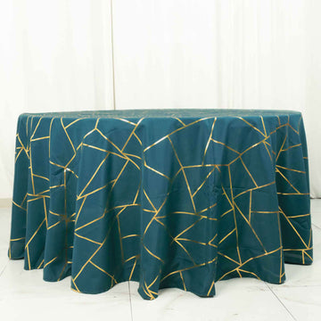 Peacock Teal Seamless Round Polyester Tablecloth With Gold Foil Geometric Pattern 120