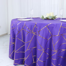 Polyester Round Tablecloth in Purple with Gold Foil Geometric Design 120 Inch