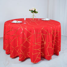 Polyester Round 120 Inch Tablecloth In Red With Gold Foil Geometric Design