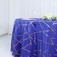 Polyester Round Tablecloth in Royal Blue with Gold Foil Geometric Design 120 Inch