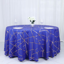 Gold Foil Geometric Pattern on 120 Inch Royal Blue Round Polyester Tablecloth