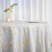 120 Inch Silver Round Polyester Tablecloth With Gold Foil Geometric Pattern