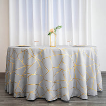 120 Inch Polyester Tablecloth In Silver With Gold Foil Geometric Pattern Round