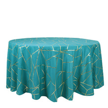 120 Inch Gold Foil Geometric Pattern on Peacock Teal Round Polyester Tablecloth