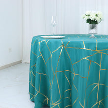 Polyester Round Tablecloth in Peacock Teal with Gold Foil Geometric Design 120 Inch